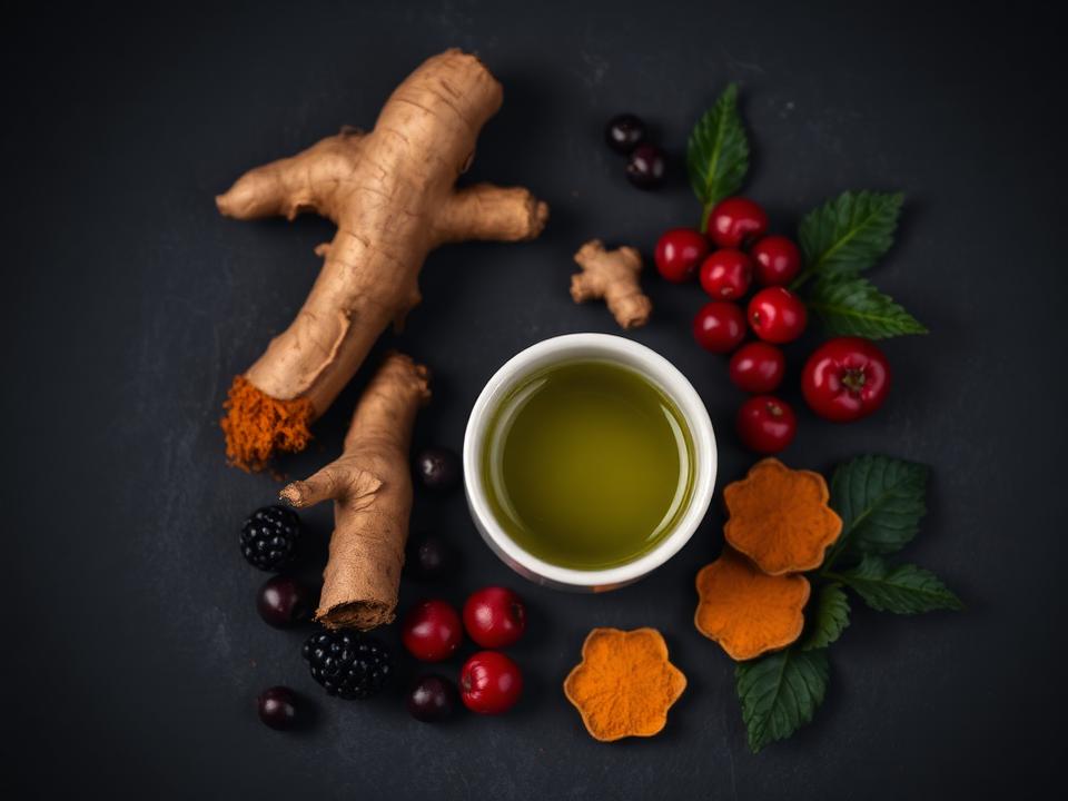 Cúrcuma, gengibre, chá verde e frutas vermelhas dispostos sobre ardósia escura