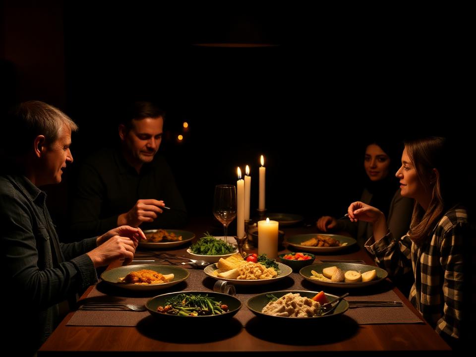 Família reunida à mesa jantando pratos equilibrados