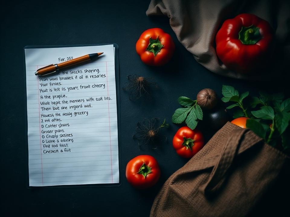 Lista de compras escrita à mão ao lado de legumes frescos e sacola reutilizável