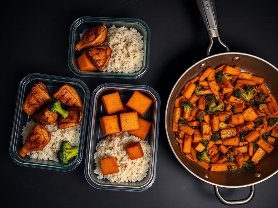 Marmitas fit com frango, arroz e legumes ao lado de uma frigideira com refogado