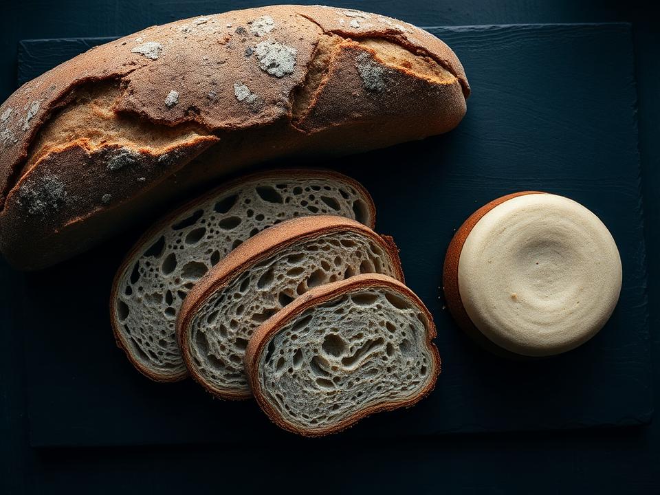 Pães artesanais sem glúten fatiados e bolo sem lactose sobre ardósia escura