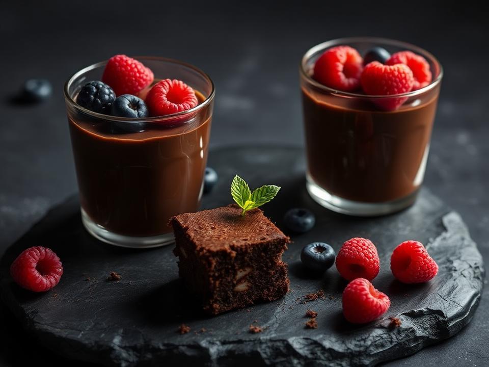Mousses de chocolate proteico com frutas vermelhas e brownie fit sobre pedra escura