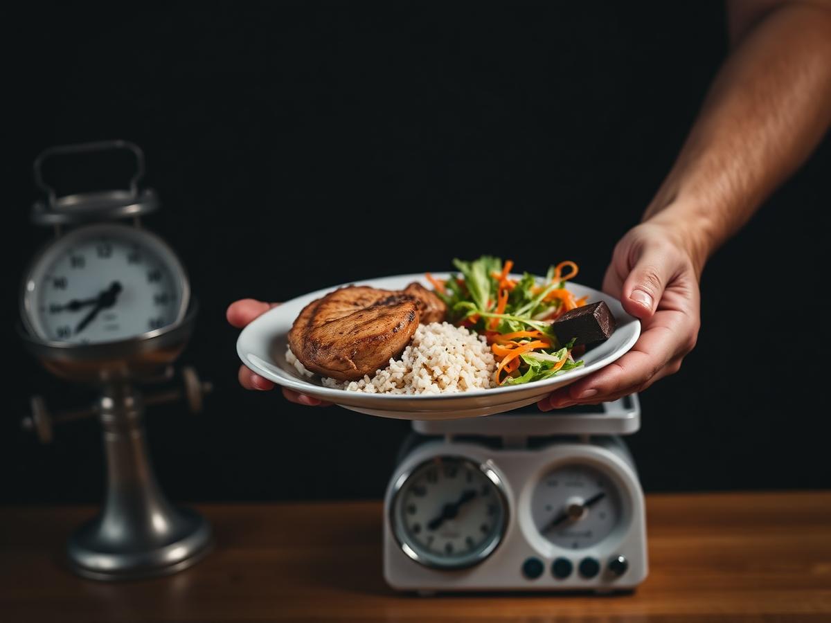 Prato equilibrado com frango, arroz, salada e um pedaço de chocolate ao lado de uma balança de cozinha